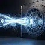Photographie cinématique de flux numériques s'infiltrant dans un coffre-fort classique, symbolisant l'intégration hybride de Ripple aux réseaux SWIFT.