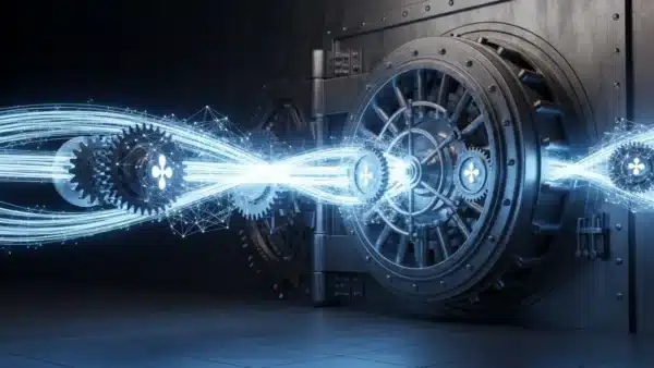 Photographie cinématique de flux numériques s'infiltrant dans un coffre-fort classique, symbolisant l'intégration hybride de Ripple aux réseaux SWIFT.
