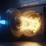 Photographie cinématique d'un logo Ripple ouvrant un coffre-fort de trésorerie, symbolisant l'adoption du XRP et des stablecoins par les entreprises.