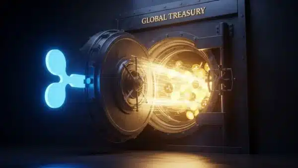 Photographie cinématique d'un logo Ripple ouvrant un coffre-fort de trésorerie, symbolisant l'adoption du XRP et des stablecoins par les entreprises.