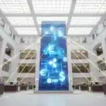 Illustration architecturale d'un centre de trésorerie moderne fusionnant monnaie traditionnelle et actifs numériques Ripple.