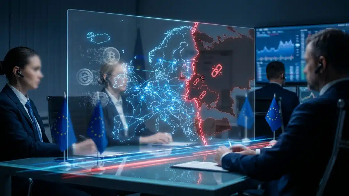 Carte numérique de l'Europe illustrant les sanctions financières et le blocage des réseaux bancaires avec la Russie.