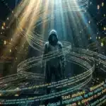 Photographie cinématique d'une figure mystérieuse entourée de code numérique, symbolisant Satoshi Nakamoto et le mystère du Bitcoin.