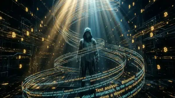 Photographie cinématique d'une figure mystérieuse entourée de code numérique, symbolisant Satoshi Nakamoto et le mystère du Bitcoin.