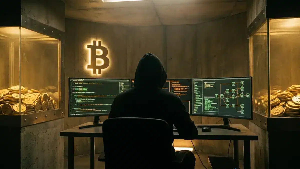 Satoshi Nakamoto : Le mystère du créateur du Bitcoin Silhouette anonyme de Satoshi Nakamoto devant des écrans de code blockchain avec le logo Bitcoin illuminé