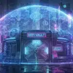 Illustration d'un dôme de protection numérique bleu sécurisant un coffre-fort DeFi pour le protocole AAVE