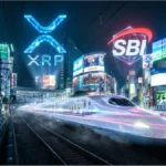 Illustration futuriste d'un Shinkansen à Tokyo avec les logos SBI et XRP Ledger brillant dans le ciel nocturne