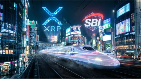 Illustration futuriste d'un Shinkansen à Tokyo avec les logos SBI et XRP Ledger brillant dans le ciel nocturne