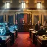 Illustration du Sénat américain divisé entre la finance traditionnelle et les stablecoins pour le CLARITY Act