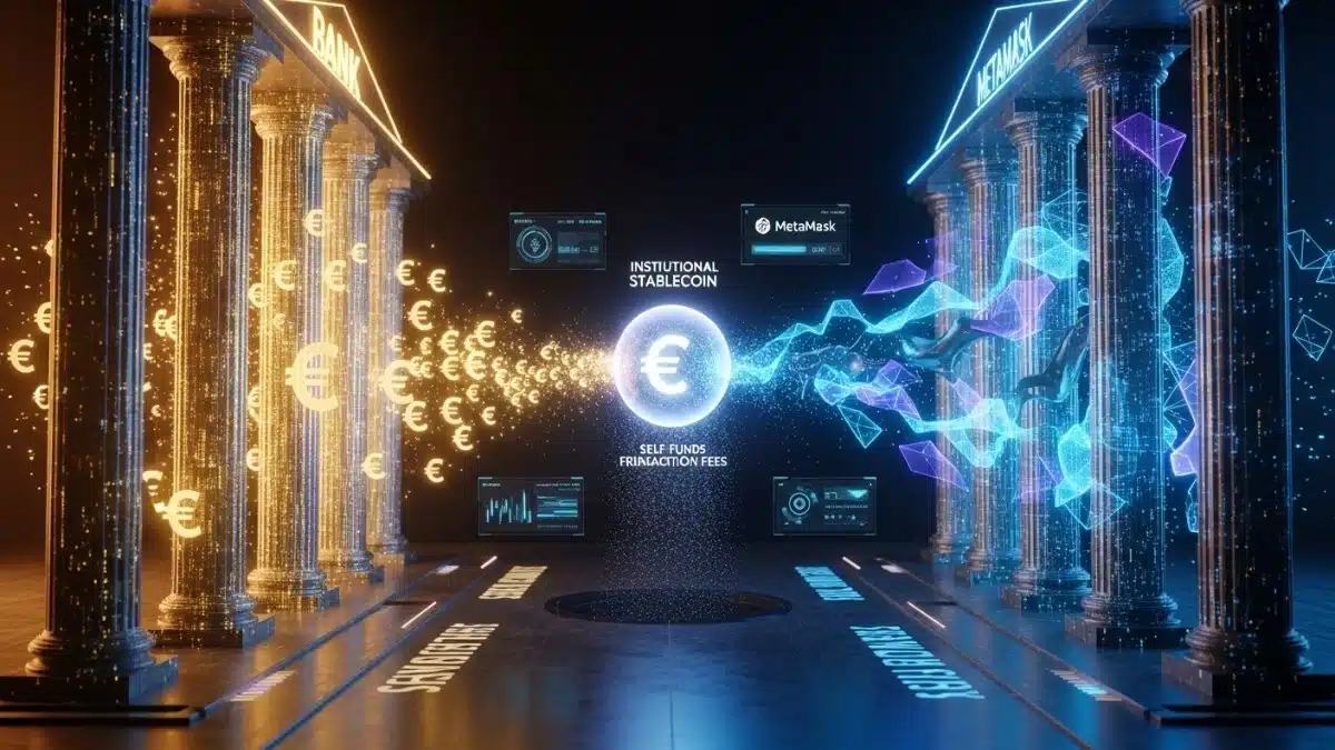 Illustration abstraite : piliers bancaires dorés fusionnant avec vortex numérique bleu, formant stablecoin central auto-alimentant frais de transaction.