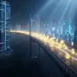 Photographie cinématique d'un pont futuriste reliant une banque à une ville numérique, symbolisant le lancement du stablecoin SoFi.