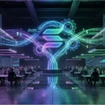 Salle de trading futuriste affichant des graphiques de prix et le logo Solana pour l'analyse du SOL Perpétuel.