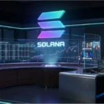 Graphiques financiers holographiques illustrant l'intégration de Solana dans le règlement bancaire blockchain.