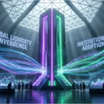 Représentation futuriste de l'écosystème Solana illustrant l'adoption institutionnelle et la convergence de la liquidité mondiale.