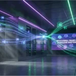 Des serveurs bancaires modernes connectés à des nœuds numériques lumineux représentant l'adoption de Solana.