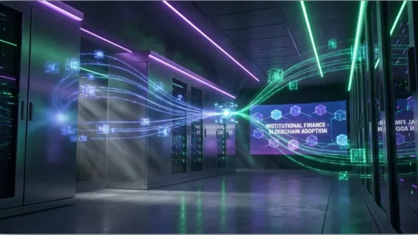 Des serveurs bancaires modernes connectés à des nœuds numériques lumineux représentant l'adoption de Solana.
