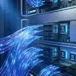 Serveur de données haute technologie avec flux lumineux bleus illustrant la performance de la blockchain Solana