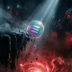 Photographie cinématique d'un jeton Solana chutant dans un abîme numérique, symbolisant la baisse du prix et la menace de liquidation.