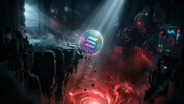 Photographie cinématique d'un jeton Solana chutant dans un abîme numérique, symbolisant la baisse du prix et la menace de liquidation.