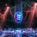 Photographie cinématique d'une pièce Solana chutant dans une tempête numérique, symbolisant le crash boursier de la crypto.