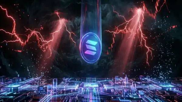 Photographie cinématique d'une pièce Solana chutant dans une tempête numérique, symbolisant le crash boursier de la crypto.