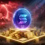 Photographie cinématique d'une pièce Solana sur une fondation d'actifs réels, symbolisant la force du marché RWA.