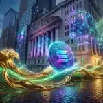 Photographie cinématique d'une pièce Solana surfant sur une vague d'or numérique, symbolisant l'adoption de la crypto RWA.