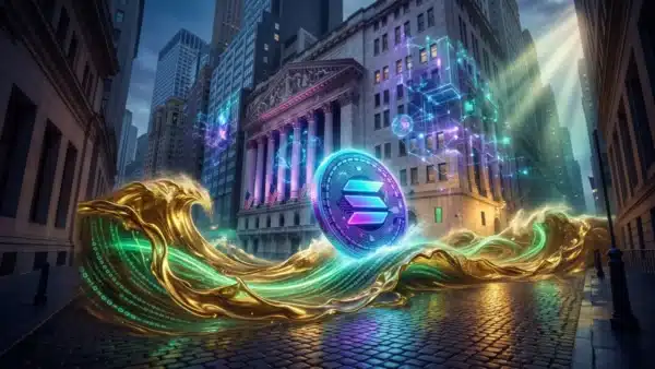 Photographie cinématique d'une pièce Solana surfant sur une vague d'or numérique, symbolisant l'adoption de la crypto RWA.