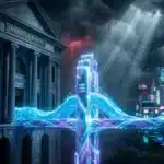 Photographie cinématique d'un monolithe Solana reliant une banque classique à une ville numérique, symbolisant la liquidité institutionnelle et la crypto RWA.