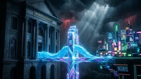 Photographie cinématique d'un monolithe Solana reliant une banque classique à une ville numérique, symbolisant la liquidité institutionnelle et la crypto RWA.
