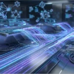 Illustration futuriste d'un centre de données avec des flux de données lumineux représentant le réseau Solana et le marché des dérivés