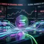 Une pièce Solana entourée de flux de données lumineux ultra-rapides, avec des écrans de trading boursier en arrière-plan, illustrant l'activité frénétique du réseau.