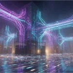 Illustration du réseau Solana montrant des flux de données numériques dans un centre de serveurs