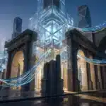 Représentation visuelle d'un réseau blockchain à haute vitesse illustrant la stabilité institutionnelle.