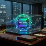 Représentation futuriste du réseau Solana intégrant les actifs du monde réel et la finance traditionnelle.