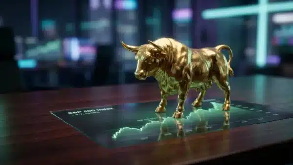 Une statuette de taureau doré sur fond de graphiques verts, symbolisant la stabilité de Wall Street face à l'inflation américaine.