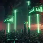 Illustration allégorique spectaculaire de geysers de lumière fracassant un labyrinthe de verre, symbolisant l'ascension fulgurante du SP500.