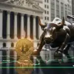 Un Bitcoin doré et un taureau de Wall Street en bronze posés sur un bureau reflétant des graphiques boursiers stables et horizontaux.
