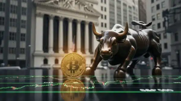 Un Bitcoin doré et un taureau de Wall Street en bronze posés sur un bureau reflétant des graphiques boursiers stables et horizontaux.