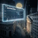 Photographie cinématique d'un graphique SP500 au-dessus de Wall Street avec un Bitcoin en arrière-plan, symbolisant la transition boursière.