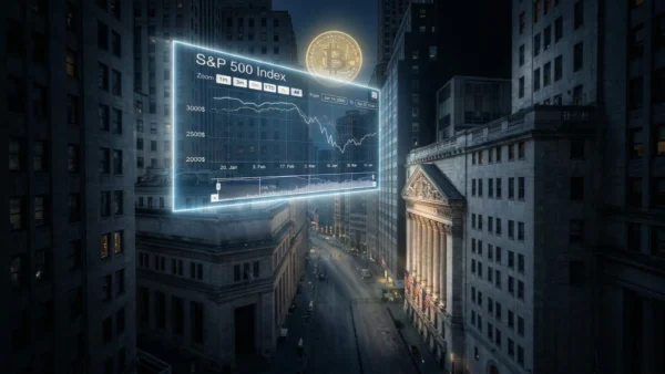 Photographie cinématique d'un graphique SP500 au-dessus de Wall Street avec un Bitcoin en arrière-plan, symbolisant la transition boursière.