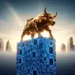 Photographie cinématique d'un taureau doré en équilibre précaire sur des puces IA, symbolisant le S&P 500 face à la montée des marchés mondiaux.
