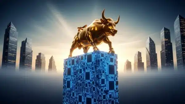 Photographie cinématique d'un taureau doré en équilibre précaire sur des puces IA, symbolisant le S&P 500 face à la montée des marchés mondiaux.