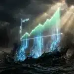 Photographie cinématique d'un graphique SP500 soutenu par l'intelligence artificielle au-dessus d'un océan de pétrole, symbolisant la résilience boursière.