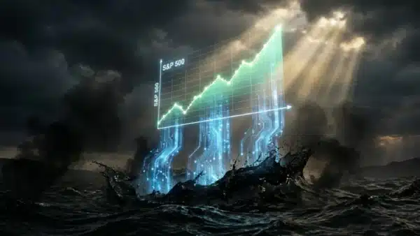 Photographie cinématique d'un graphique SP500 soutenu par l'intelligence artificielle au-dessus d'un océan de pétrole, symbolisant la résilience boursière.