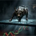 Taureau de Wall Street face à un graphique boursier volatil