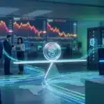 Illustration réaliste d’un stablecoin connecté aux monnaies fiduciaires et aux blockchains avec stabilité de valeur