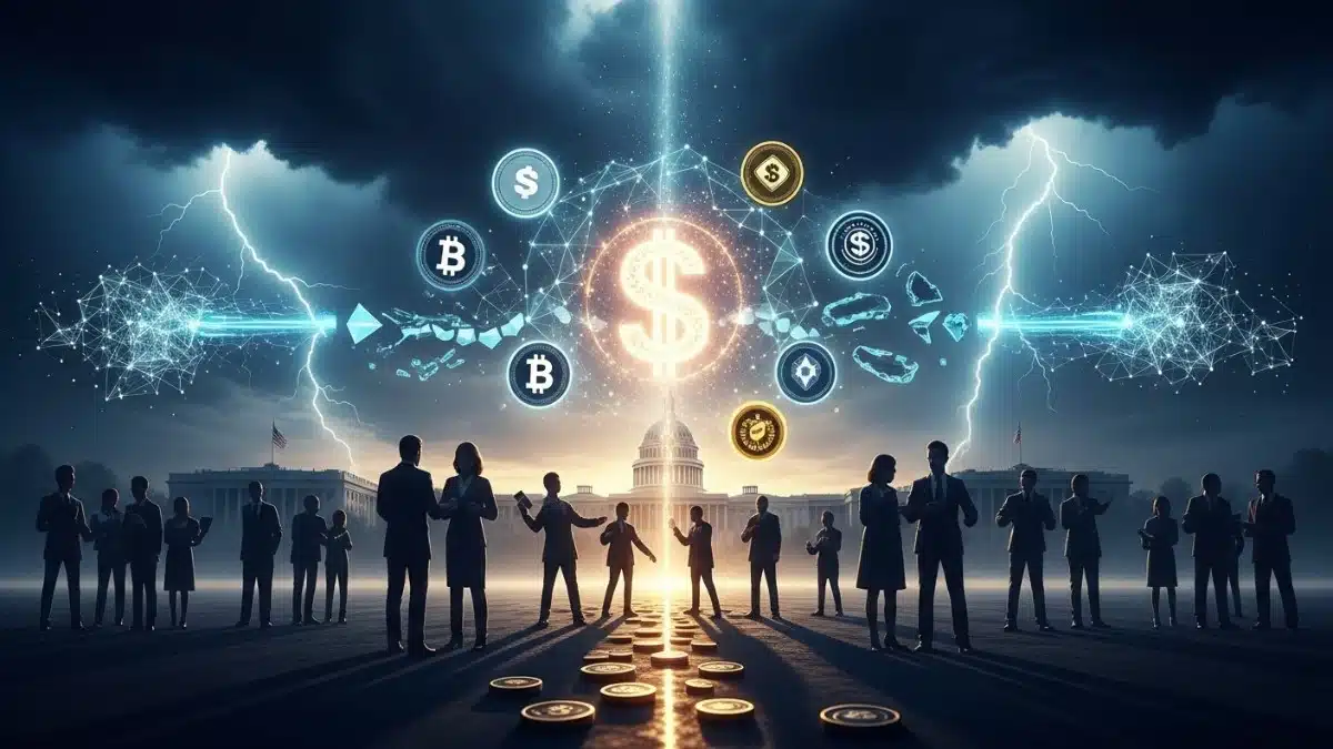 Illustration réaliste du conflit à Washington sur la régulation des stablecoins et les enjeux liés à la domination du dollar