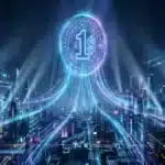 Photographie cinématique d'un stablecoin flottant au-dessus d'une ville futuriste, symbolisant l'économie de demain et l'intelligence artificielle.