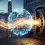 Photographie cinématique d'un jeton stablecoin fusionnant avec une banque traditionnelle à Hong Kong, symbolisant la mutation du marché asiatique.